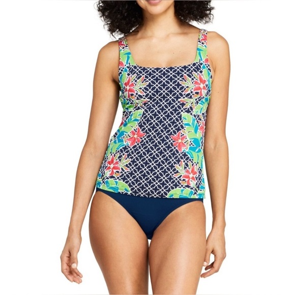 Lands' End Women's Square Neck Underwire Tankini Top Navy Floral 12DD Swim Beach - Picture 1 of 9